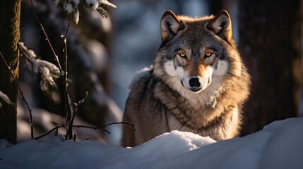 Wolves in a wooded area covered in snow under the sunlight.