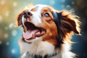 A brown and white dog smiling with it's tongue out