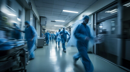 Obrazy na Plexi  Impressive motion blur shot of medical doctors and nurses in hospital corridor, AI Generated