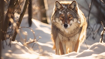 Obraz premium Wolves in a wooded area covered in snow under the sunlight.