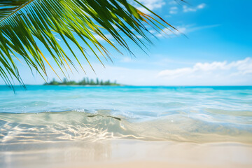 Fototapeta na wymiar Tropischer Sandstrandzauber: Hintergrund mit sanft wiegenden Palmblättern für die perfekte Urlaubsatmosphäre