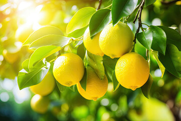Bunch of fresh ripe lemon on a lemon tree branch with sunlight coming from behind