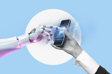  White cyborg robotic hand pointing his finger to a smartphone - 3D rendering isolated on free PNG background. AI programming learning concept.