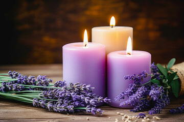 Obraz na płótnie Canvas Burning candles with lavender as a romantic decoration at a spa or at home