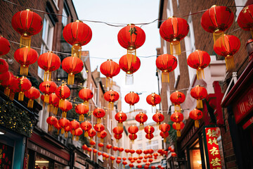 Chinese red lanterns hanging in the streets in chinatown in the night of chinese new year