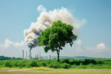 Chemical plant smoke exhaust with a green tree in front of the plant - growing environmental pollution