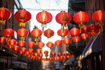 Fototapeta na wymiar Chinese red lanterns hanging in the streets in chinatown in the night of chinese new year