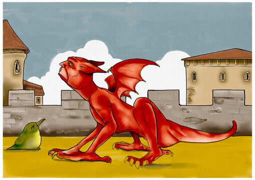 A watercolor drawing of a red gargoyle in the terrace of a middle age castle. Digital illustration