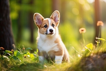 Naklejka na ściany i meble Cute Welsh Corgi puppy sitting outdoor in a park in summer and sunlight