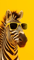 Portrait of a zebra with sunglasses on yellow background. Creative concept of studio photo.