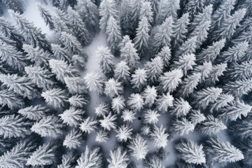 Drone photo of snow-covered evergreen trees during winter and after snowfall. Aerial view of a frozen, icy landscape