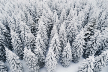 Drone photo of snow-covered evergreen trees during winter and after snowfall. Aerial view of a frozen, icy landscape