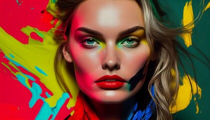 A model with vibrant and contrasting colors, creating a visually stimulating composition inspired by the abstract expressionist paintings of Willem de Kooning.