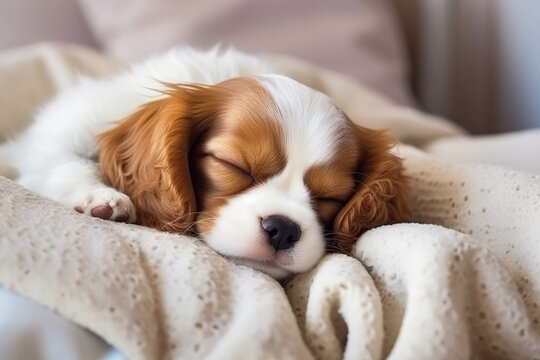 Cute Cavalier King Charles Spaniel puppy sleeping on a bed with a paw underneath