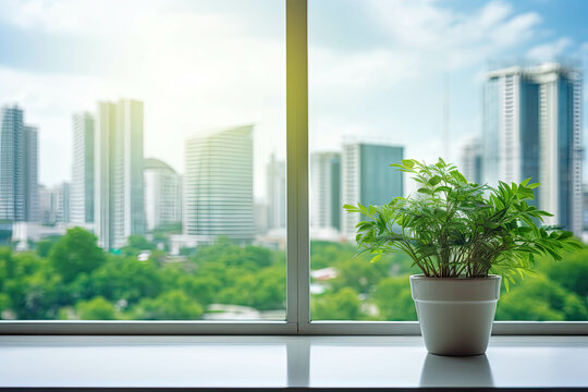 Fototapeta Eco green city view through window with a potted plant on a shelf