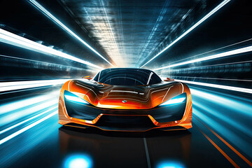 Futuristiv luxury sports car moving at high speed, car chase, motion blur