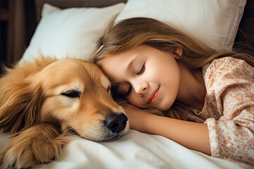 A girl with a dog in bed. Best friends sleeping together