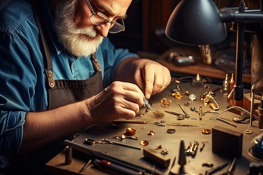 An experienced master jeweler in the process of working on a new unique ring with natural stone - Powered by Adobe
