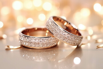 Pair of shiny wedding rings on a sparkling background, with copy space, luxury. - obrazy, fototapety, plakaty