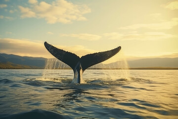 Seascape with Whale tail. The humpback whale (Megaptera novaeangliae) tail