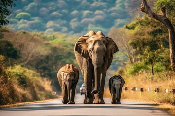 Wild female elephants with baby elephant from the deep jungle come out to walking on road that cross into the big mountain, Thailand. Family wild elephant walking and crossing the paved road