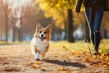 Young girl trains pembroke welsh corgi in the park in sunny weather, happy dogs concept