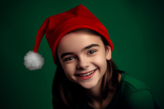 Cheerful Radiance: Smiley Girl in Santa's Hat on a Vibrant Green Background