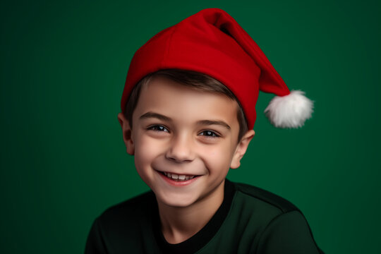 Festive Joy: Smiley Boy in Santa's Hat on a Vibrant Green Background