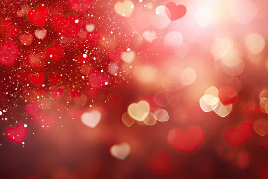 Red hearts bokeh lights on shimmering background. Valentines Day banner