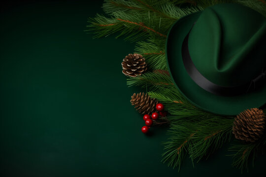 Evergreen Elegance: Festive Green Hat Rests on Spruce Branches Amidst Christmas Decorations