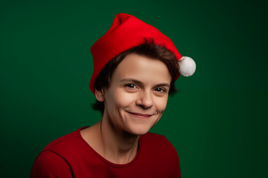 Festive Radiance: Smiling Woman in Santa's Hat on a Vibrant Green Background