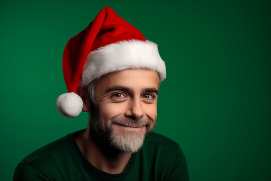 Festive Cheer: Smiley Man in Santa's Hat on Vibrant Green Background