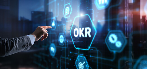 OKR Objective key result business technology finance concept on virtual screen