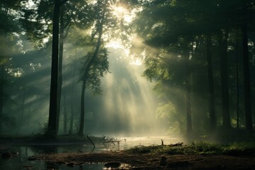 Captivating sunbeams illuminating a serene misty forest with enchanting rays of light