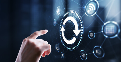 Businessman touching icon Update software application. Hardware upgrade technology concept