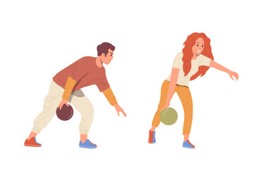 Man and woman cartoon characters playing bowling game isolated on white background