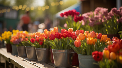 Vibrant Tulip Market Display: Red and Orange Tulips Blooming in Buckets on a Sunny Spring Florist's Stand. - obrazy, fototapety, plakaty