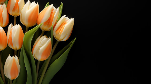 Peach Fuzz Color Tulips Isolated on Black. Floral Background with Copy Space for Easter, Mother's Day, or Women's Day Greetings.	