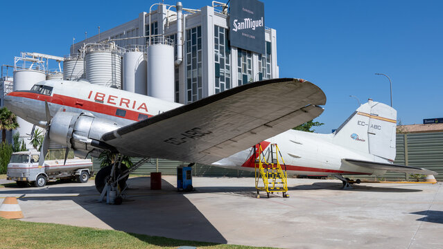 Malaga, Spain - July 15, 2023: An Iberia Airlines C-47 on display at the Museo Aeronautico de Malaga