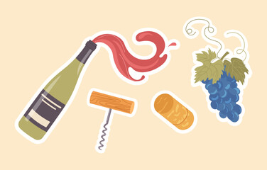 Isolated sticker set of red wine splashing from bottle, crock and corkscrew and grape bunch