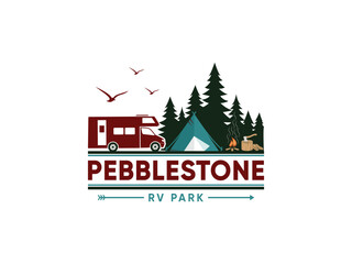 outdoor adventure camping logo with a combination of a campervan, mountains, lake, and RV logo for any business.