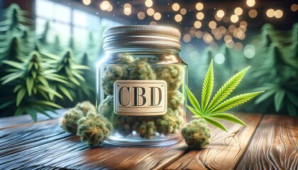 Closeup of glass jar full of marihuana buds with text CBD on wooden table, medical marijuana concept, background