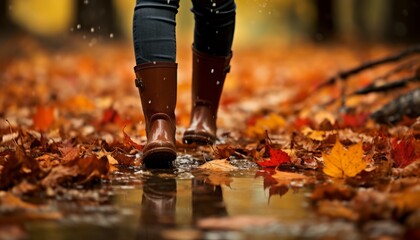 Vibrant and colorful autumn fall scene with rain boots and falling leaves as natures palette