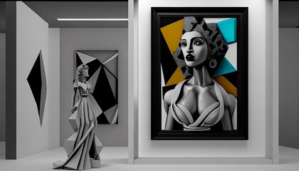 A sophisticated model showcasing a blend of Cubist and Surrealist elements in a sleek and modern art gallery.