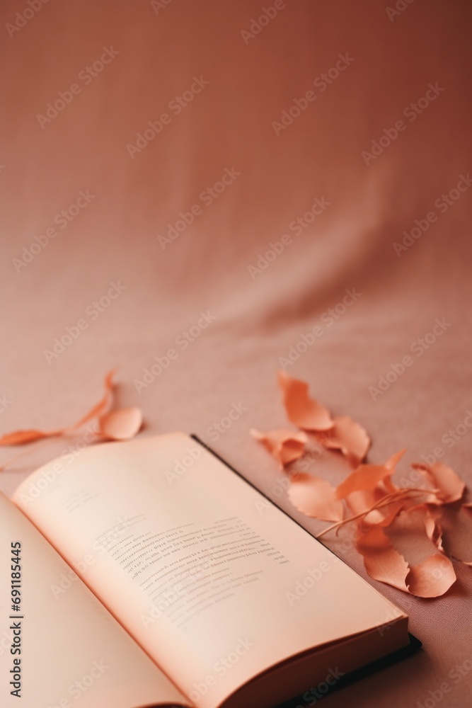 Poster an open book on a table with some leaves around it, ai