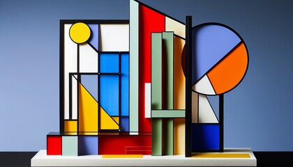 An abstract model with elements reminiscent of Mondrian's geometric compositions, set against a vibrant and dynamic background. - obrazy, fototapety, plakaty