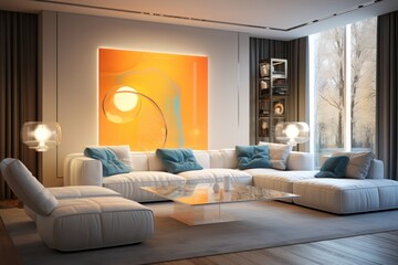 Modern bright living room Illuminated and cozy sofa