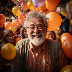 Dzień Dziadka w barwach uśmiechu to obraz przedstawiający szczęśliwego dziadka z wnukami, rodziną. Atmosferę uroczystego przyjęcia nadają kolorowe balony w tle i konfetti.  - obrazy, fototapety, plakaty