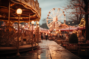 cinematic photo capturing the magical essence of a Ferris wheel adorned with glowing lights, exuding a dreamy charm in a whimsical setting, photo