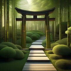 A serene Japanese bamboo garden with bamboo groves and peaceful pathways2